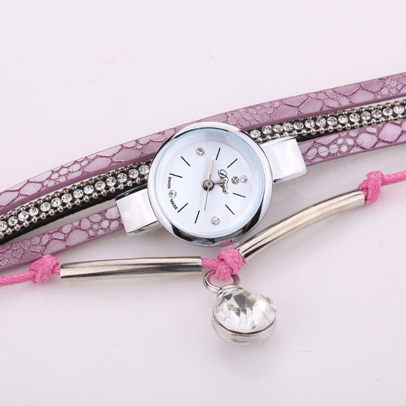 Crystal Pendant Kvinder Armbånd Watch Retro Style Læderrem Quartz Watch