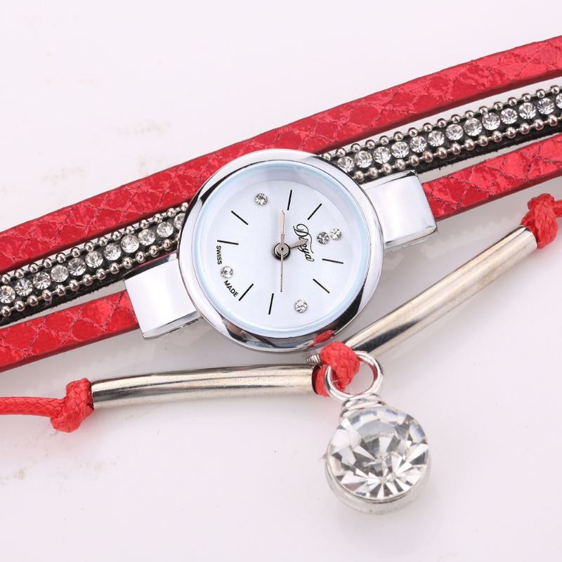 Crystal Pendant Kvinder Armbånd Watch Retro Style Læderrem Quartz Watch