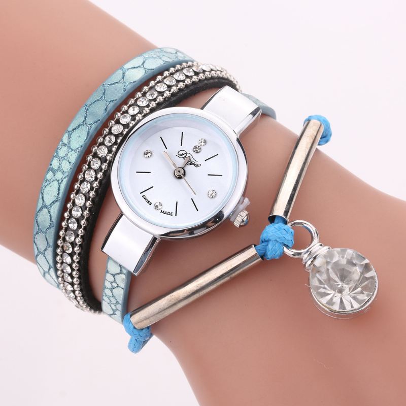 Crystal Pendant Kvinder Armbånd Watch Retro Style Læderrem Quartz Watch