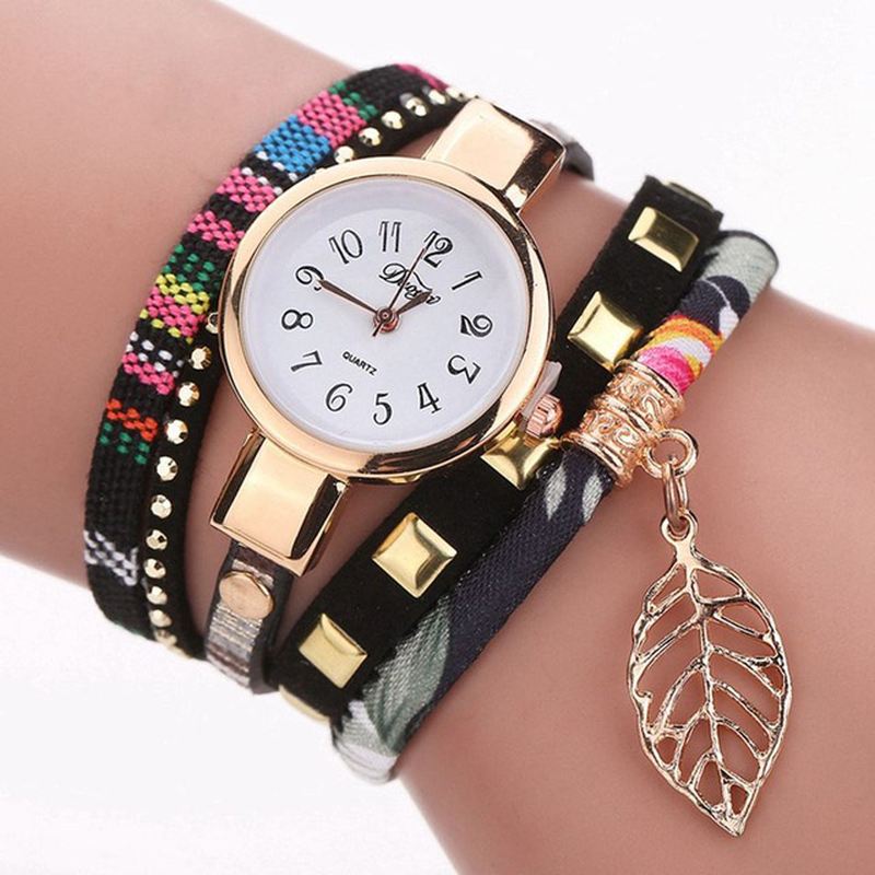 Dame Armbånd Watch Leaf Stof Retro Style Quartz Ure