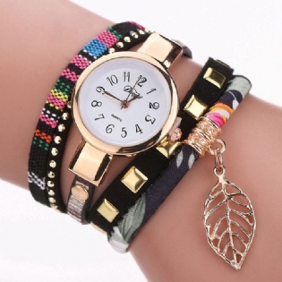 Dame Armbånd Watch Leaf Stof Retro Style Quartz Ure