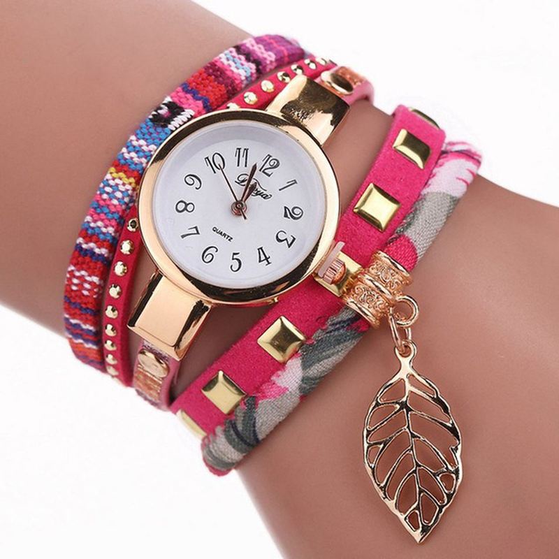 Dame Armbånd Watch Leaf Stof Retro Style Quartz Ure