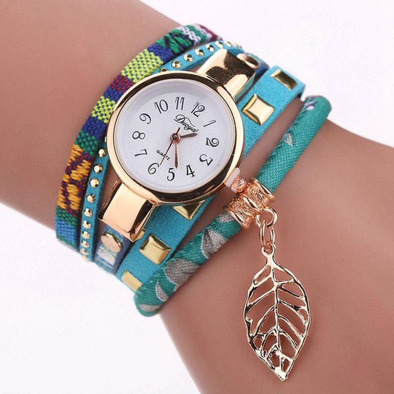 Dame Armbånd Watch Leaf Stof Retro Style Quartz Ure