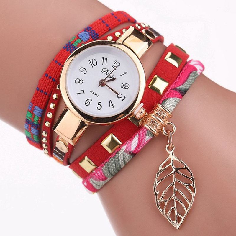 Dame Armbånd Watch Leaf Stof Retro Style Quartz Ure