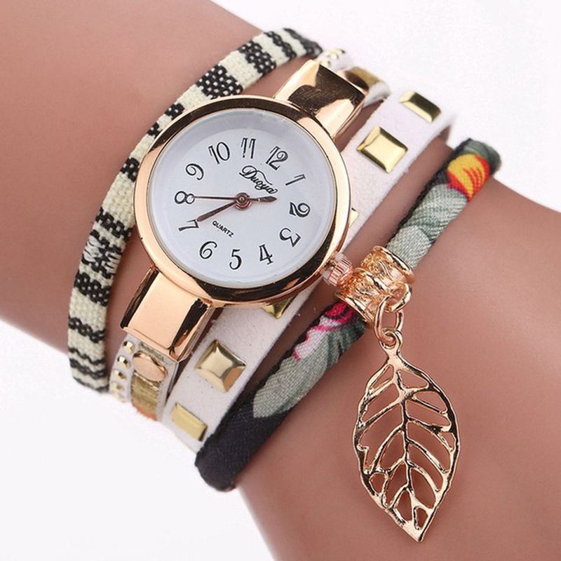 Dame Armbånd Watch Leaf Stof Retro Style Quartz Ure