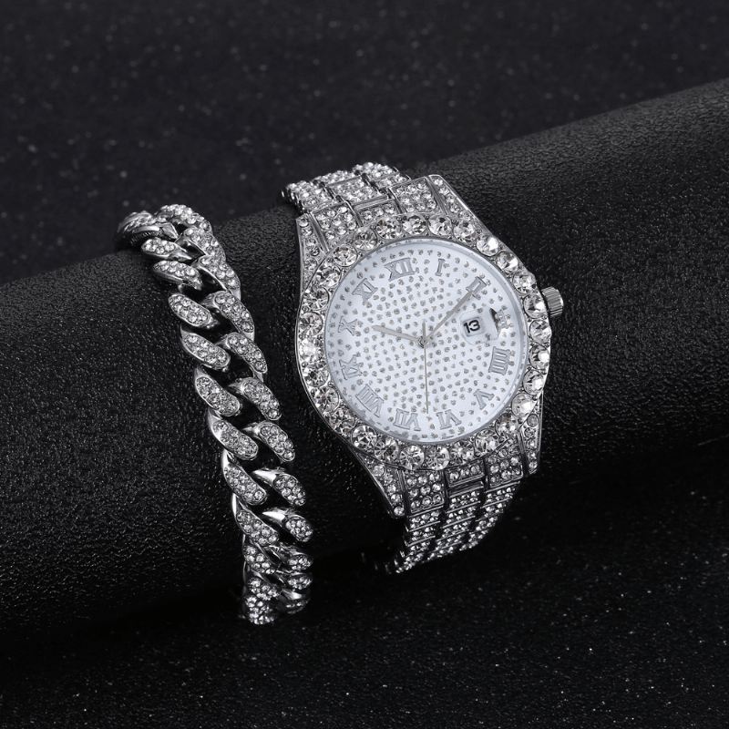 Hip Hop Luxury 2 Stk Hip-hop Chain Fuld Diamond Watch Armbånd Lady Quartz Watch