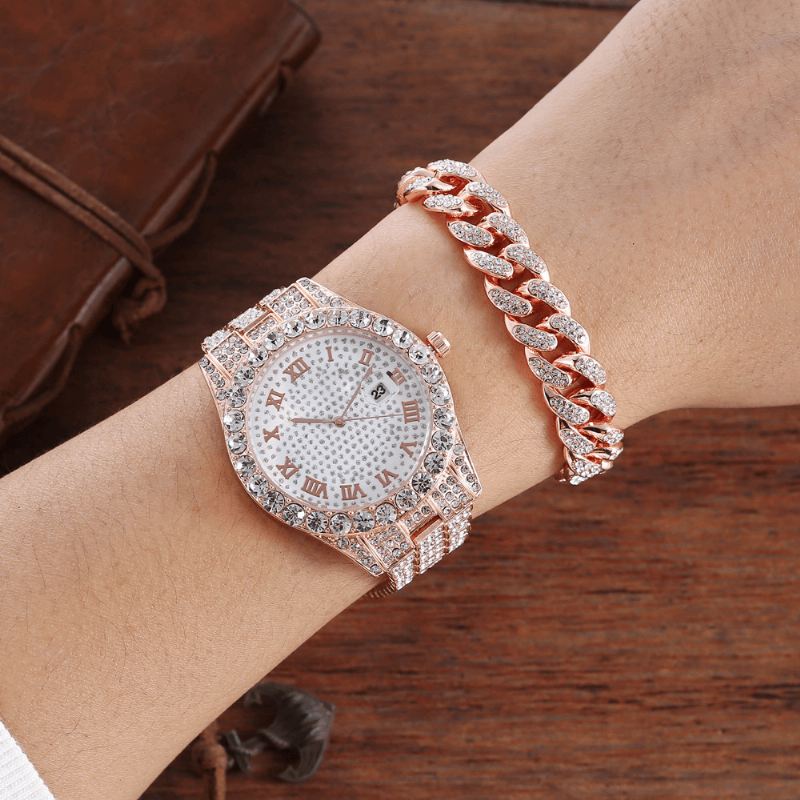 Hip Hop Luxury 2 Stk Hip-hop Chain Fuld Diamond Watch Armbånd Lady Quartz Watch