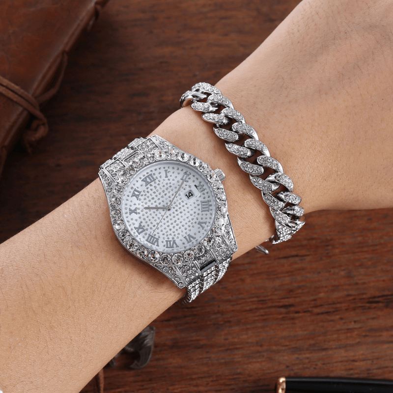 Hip Hop Luxury 2 Stk Hip-hop Chain Fuld Diamond Watch Armbånd Lady Quartz Watch