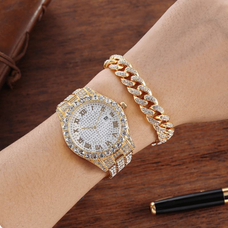 Hip Hop Luxury 2 Stk Hip-hop Chain Fuld Diamond Watch Armbånd Lady Quartz Watch