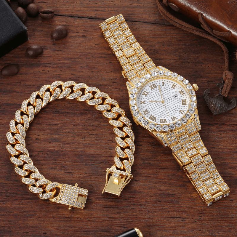 Hip Hop Luxury 2 Stk Hip-hop Chain Fuld Diamond Watch Armbånd Lady Quartz Watch