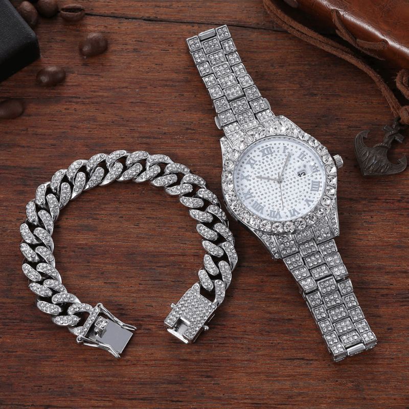 Hip Hop Luxury 2 Stk Hip-hop Chain Fuld Diamond Watch Armbånd Lady Quartz Watch