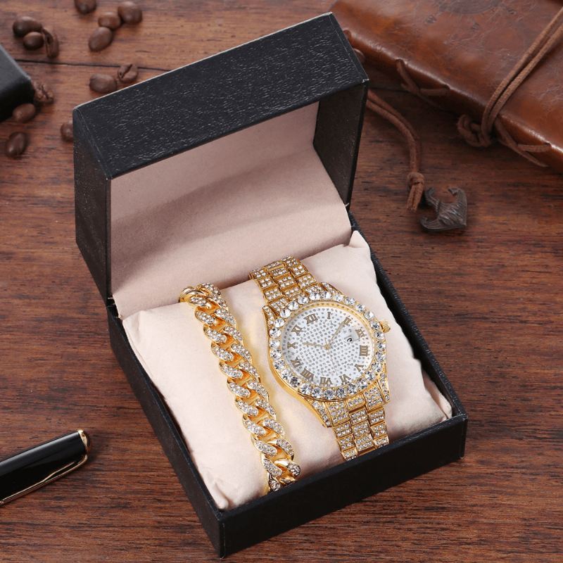 Hip Hop Luxury 2 Stk Hip-hop Chain Fuld Diamond Watch Armbånd Lady Quartz Watch