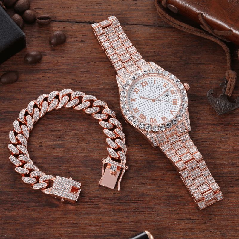 Hip Hop Luxury 2 Stk Hip-hop Chain Fuld Diamond Watch Armbånd Lady Quartz Watch