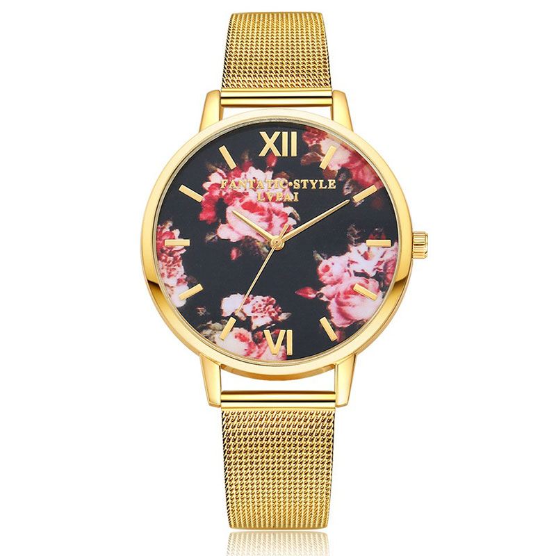 Mesh Stålbånd Casual Style Damearmbåndsur Blomster Elegant Design Quartz Watch