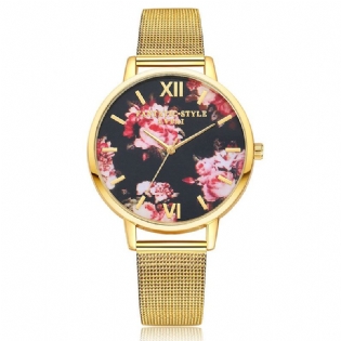 Mesh Stålbånd Casual Style Damearmbåndsur Blomster Elegant Design Quartz Watch