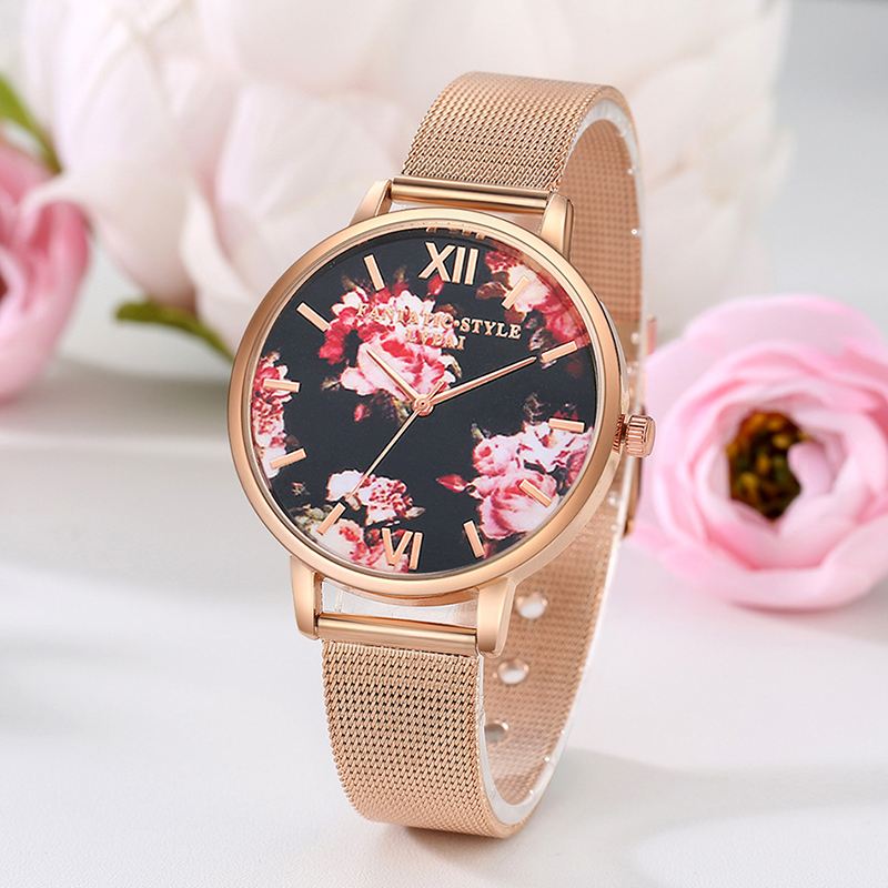 Mesh Stålbånd Casual Style Damearmbåndsur Blomster Elegant Design Quartz Watch