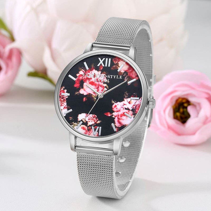 Mesh Stålbånd Casual Style Damearmbåndsur Blomster Elegant Design Quartz Watch