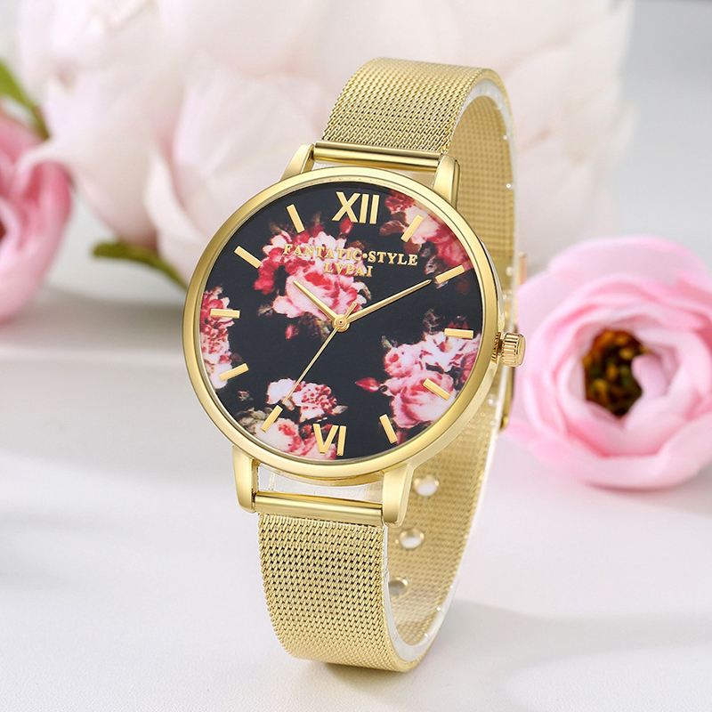 Mesh Stålbånd Casual Style Damearmbåndsur Blomster Elegant Design Quartz Watch