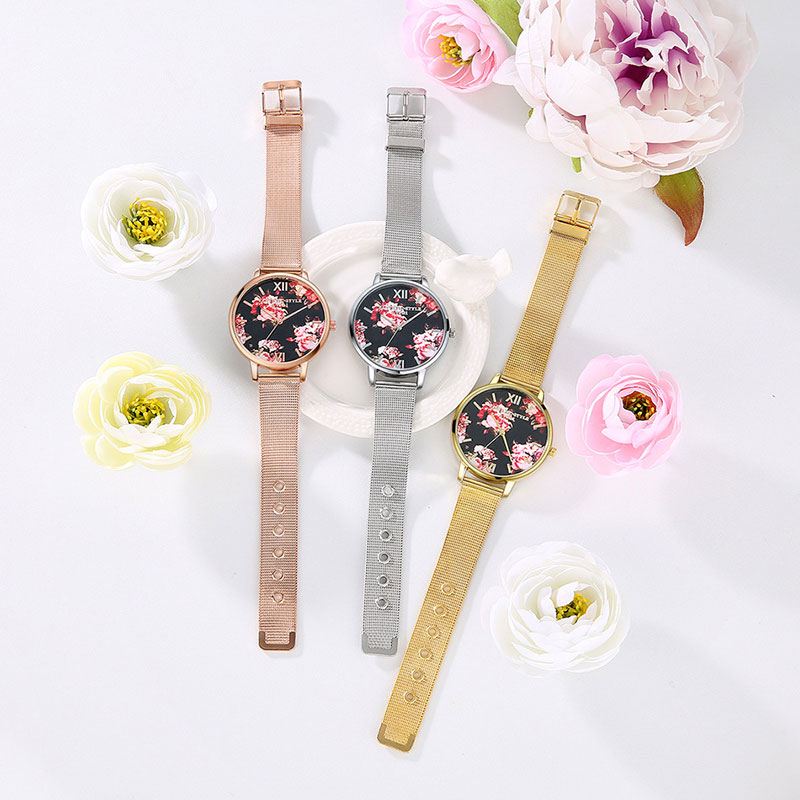 Mesh Stålbånd Casual Style Damearmbåndsur Blomster Elegant Design Quartz Watch