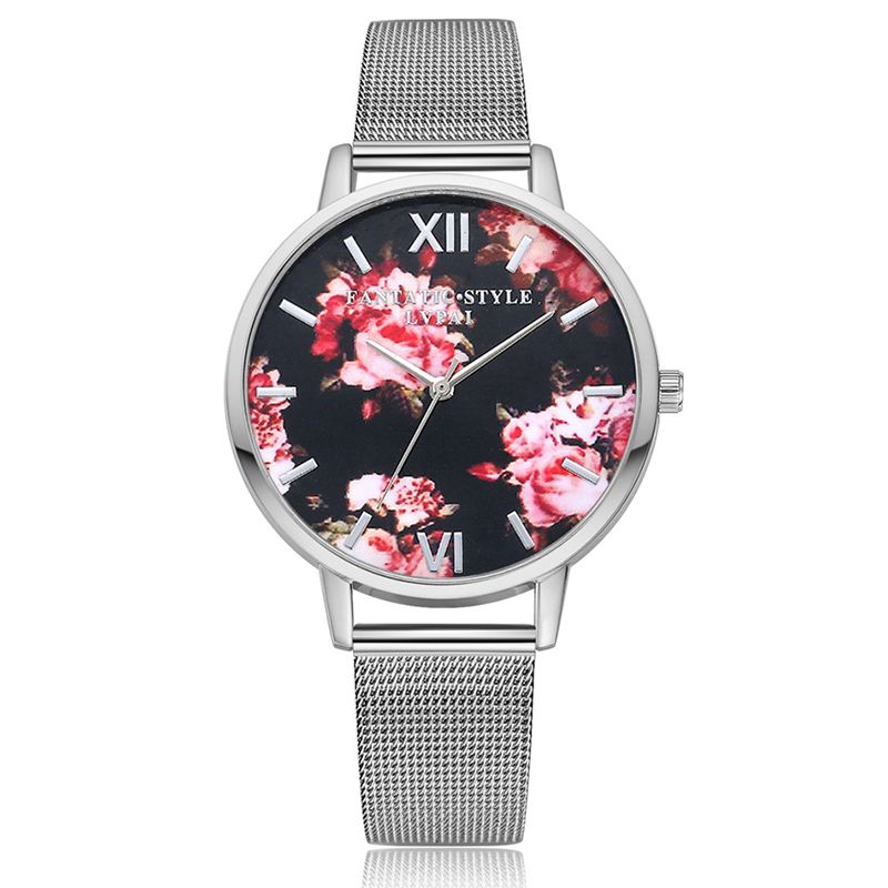 Mesh Stålbånd Casual Style Damearmbåndsur Blomster Elegant Design Quartz Watch