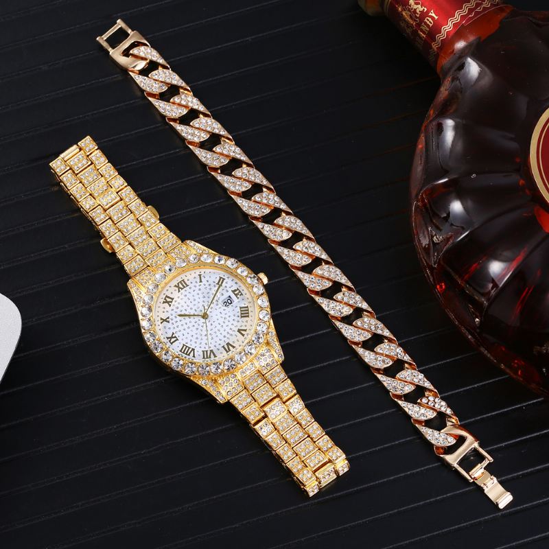 Mode 2 Stk/sæt Diamond Business Watch Dekoreret Pointer Quartz Watch Armbånd