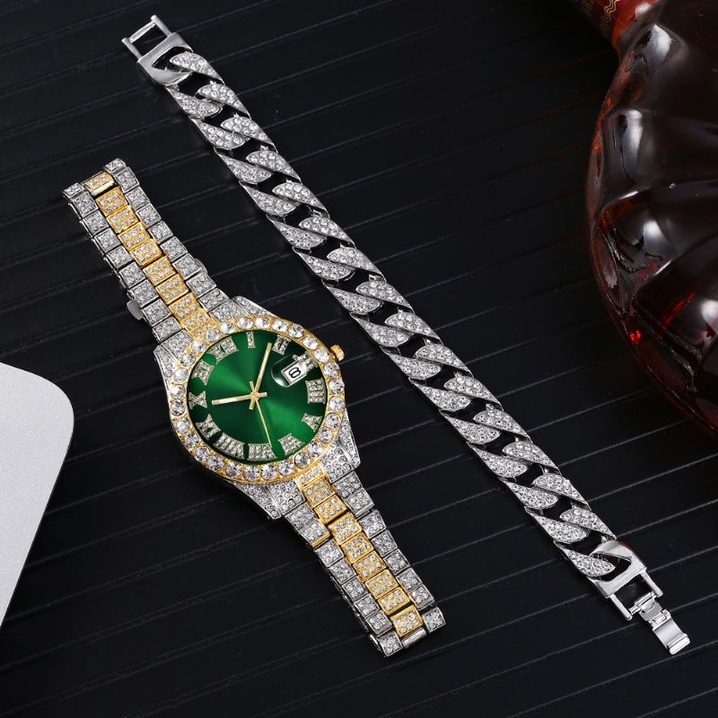 Mode 2 Stk/sæt Diamond Business Watch Dekoreret Pointer Quartz Watch Armbånd