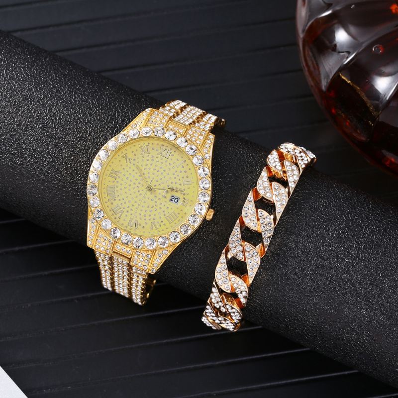 Mode 2 Stk/sæt Diamond Business Watch Dekoreret Pointer Quartz Watch Armbånd