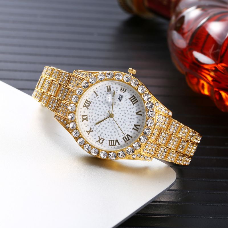 Mode 2 Stk/sæt Diamond Business Watch Dekoreret Pointer Quartz Watch Armbånd