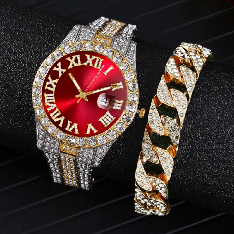 Mode 2 Stk/sæt Diamond Business Watch Dekoreret Pointer Quartz Watch Armbånd