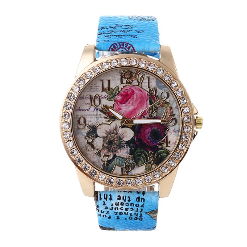 Mode Bohemia Style Kvinder Watch Læderrem Retro Rose Pattern Quartz Watch