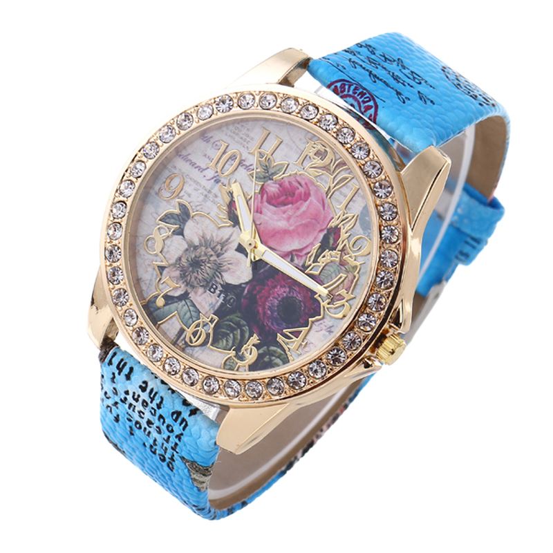 Mode Bohemia Style Kvinder Watch Læderrem Retro Rose Pattern Quartz Watch