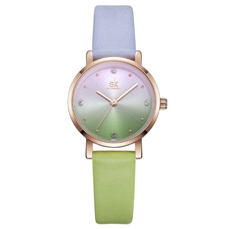 Mode Farve Gradient Læderrem Luksus Kvinder Crystal Dial Quartz Watch