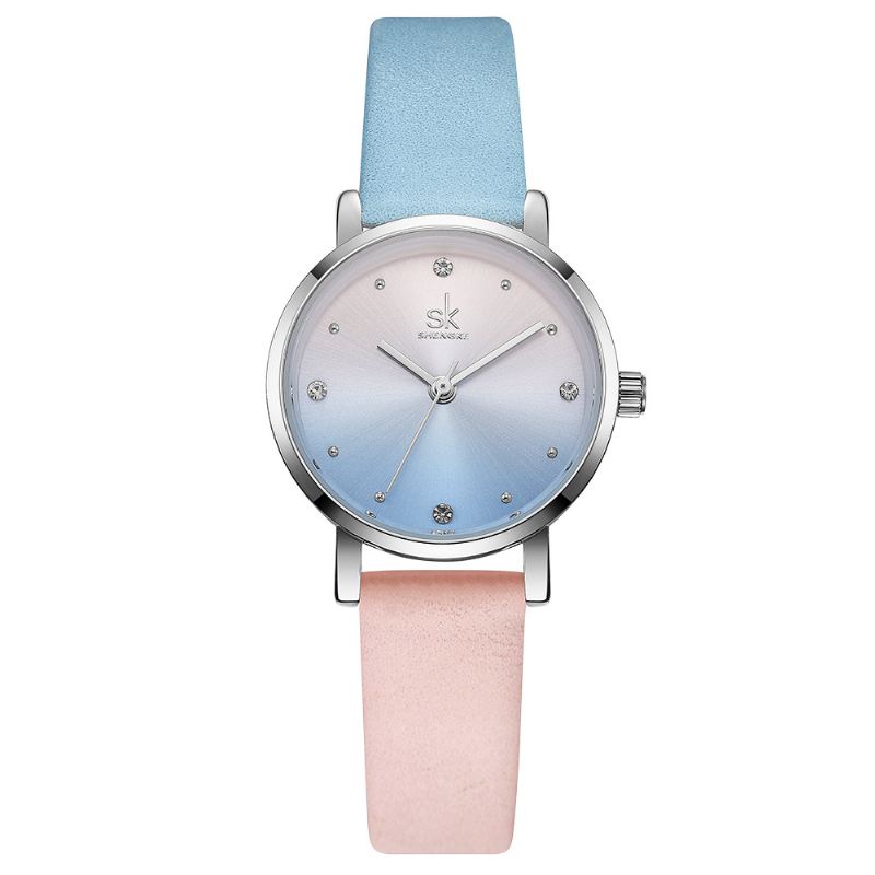 Mode Farve Gradient Læderrem Luksus Kvinder Crystal Dial Quartz Watch