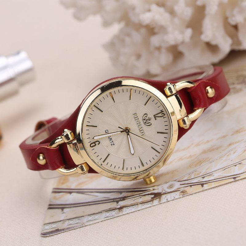 Mode Farverigt Læderbånd Kvinder Simple Dial Rose Gold Case Quartz Watch