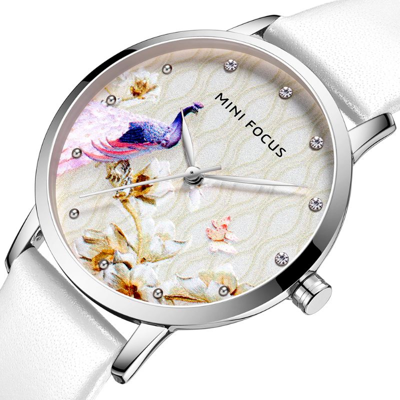 Mode Kvinder Peacock Blomstermønster Ægte Læder Quartz Watch