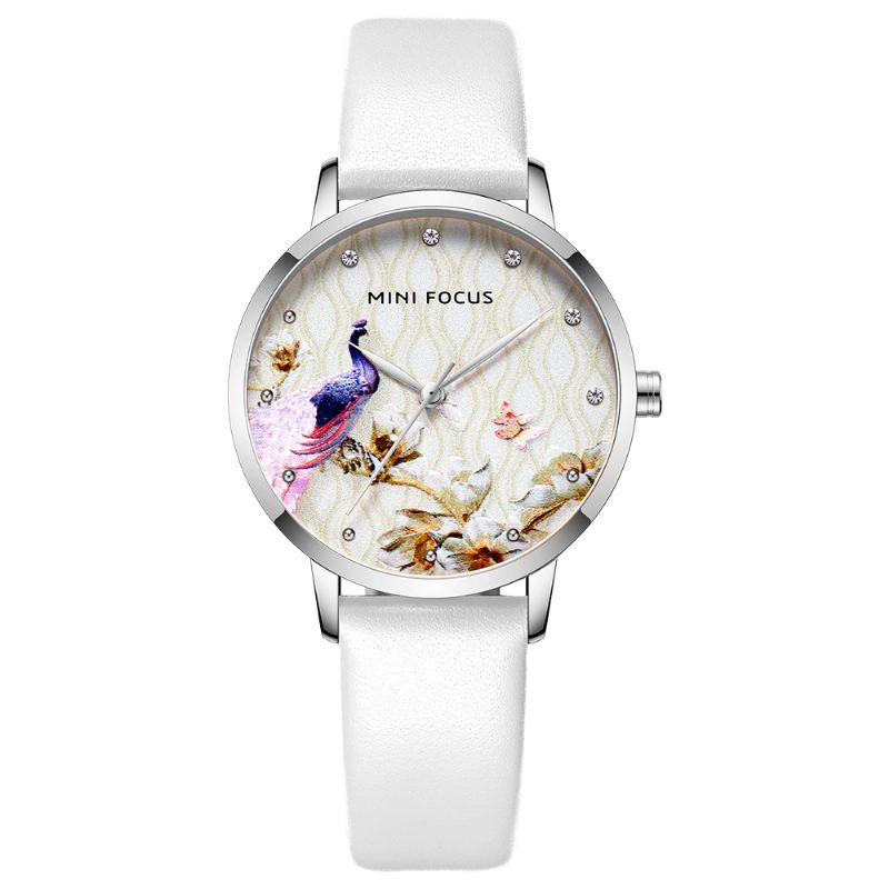 Mode Kvinder Peacock Blomstermønster Ægte Læder Quartz Watch