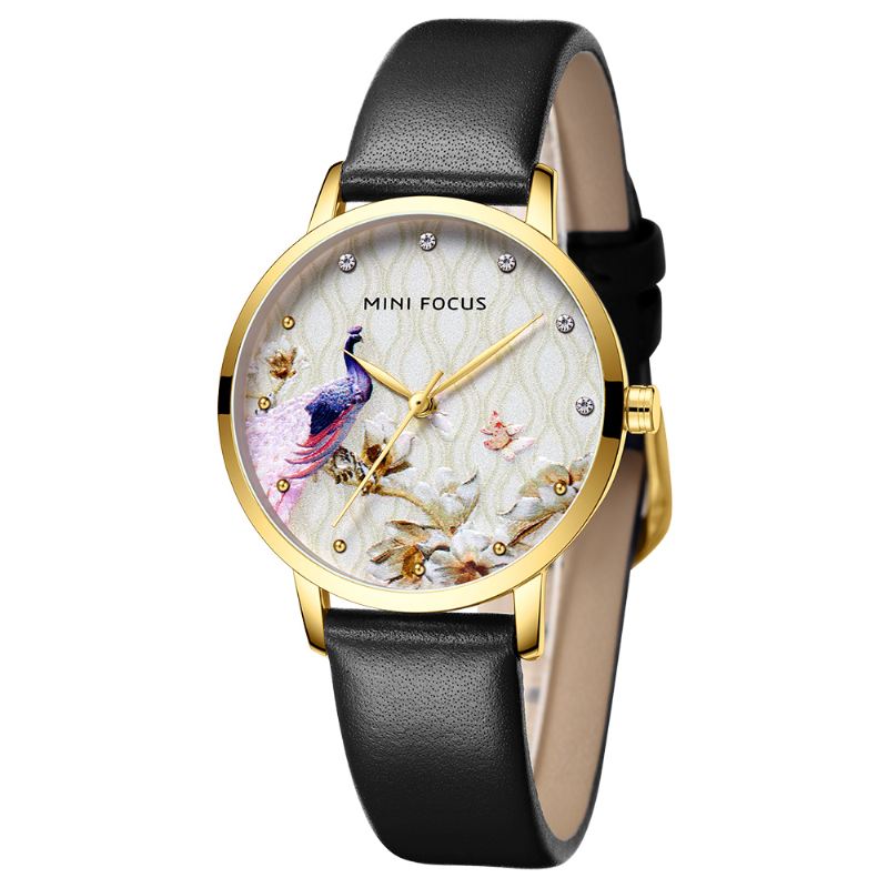 Mode Kvinder Peacock Blomstermønster Ægte Læder Quartz Watch