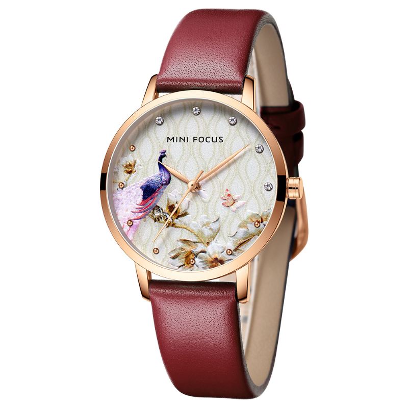 Mode Kvinder Peacock Blomstermønster Ægte Læder Quartz Watch