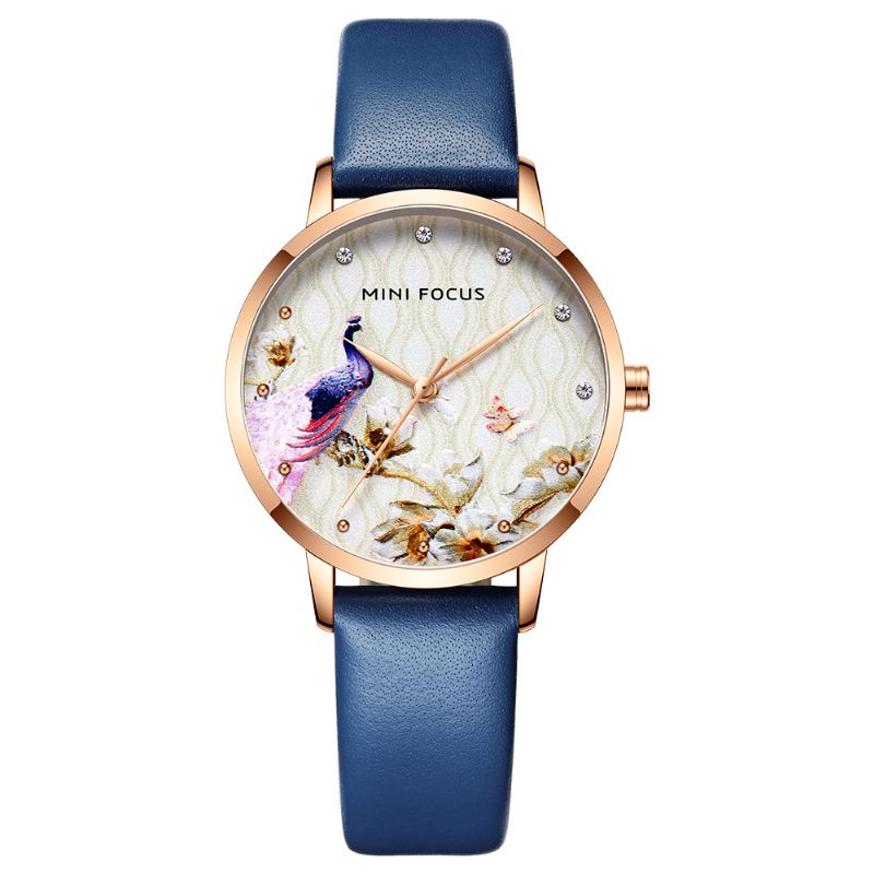 Mode Kvinder Peacock Blomstermønster Ægte Læder Quartz Watch