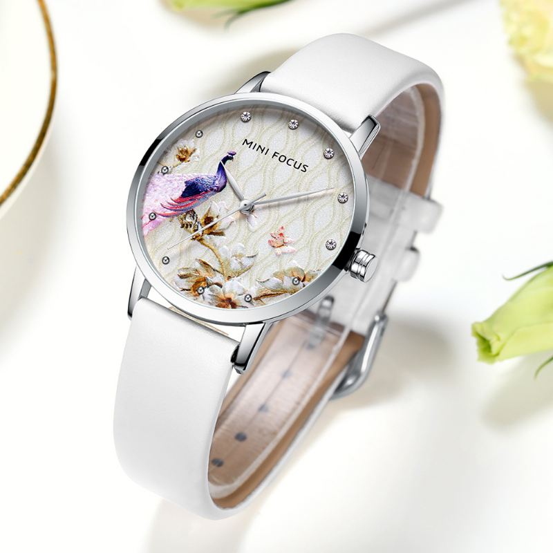 Mode Kvinder Peacock Blomstermønster Ægte Læder Quartz Watch