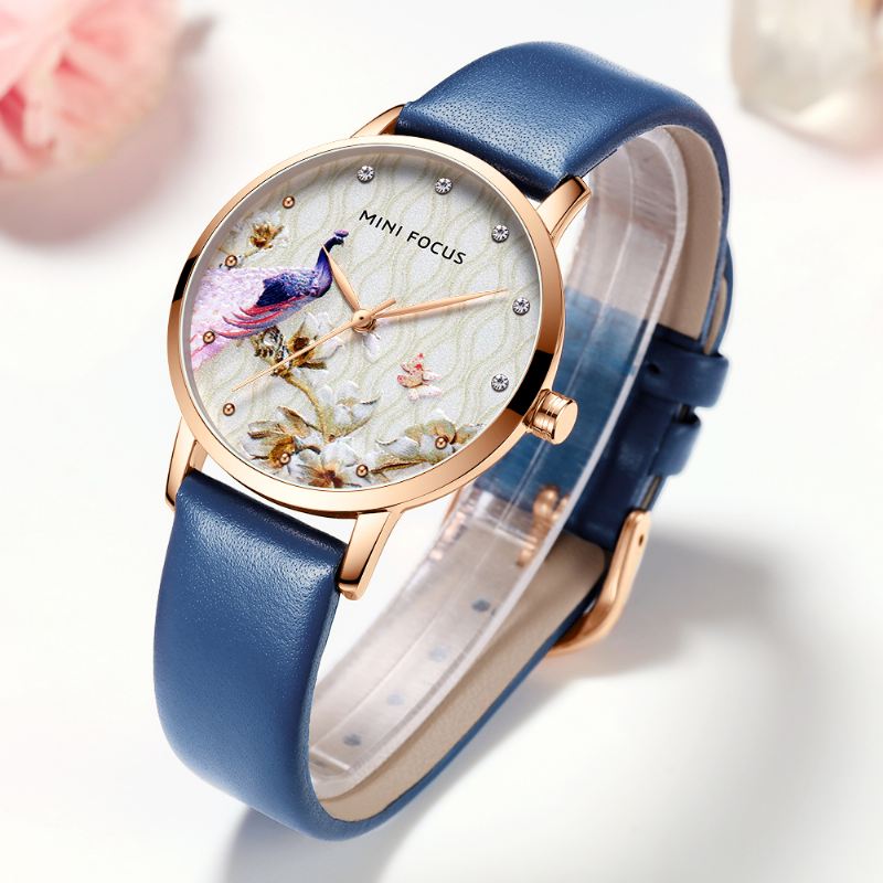 Mode Kvinder Peacock Blomstermønster Ægte Læder Quartz Watch