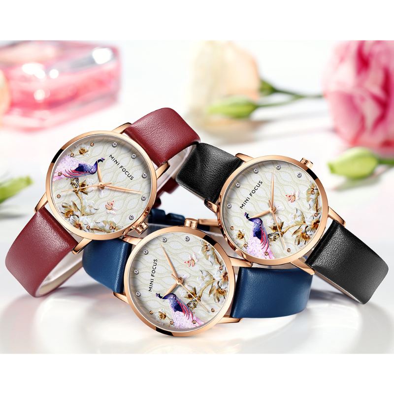 Mode Kvinder Peacock Blomstermønster Ægte Læder Quartz Watch