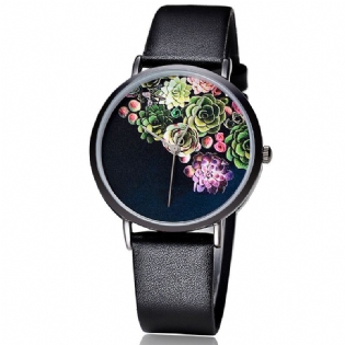 Mode Kvinder Ultra-tynd Urkasse Blomster Pattern Dial Læderrem Quartz Watch