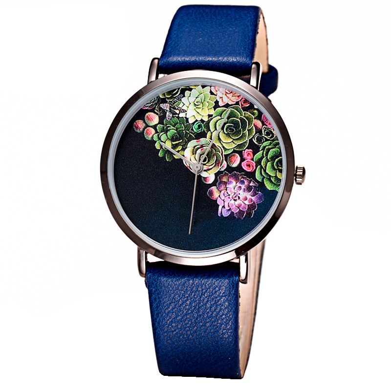 Mode Kvinder Ultra-tynd Urkasse Blomster Pattern Dial Læderrem Quartz Watch