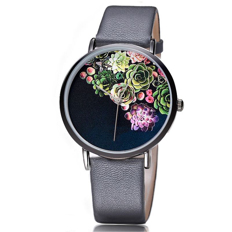 Mode Kvinder Ultra-tynd Urkasse Blomster Pattern Dial Læderrem Quartz Watch