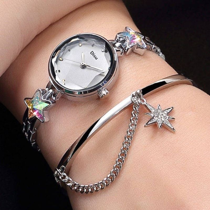 Mode Luksus Elegant Crystal Lucky Star Mønster Dame Armbånd Armbåndsure Quartz Watch