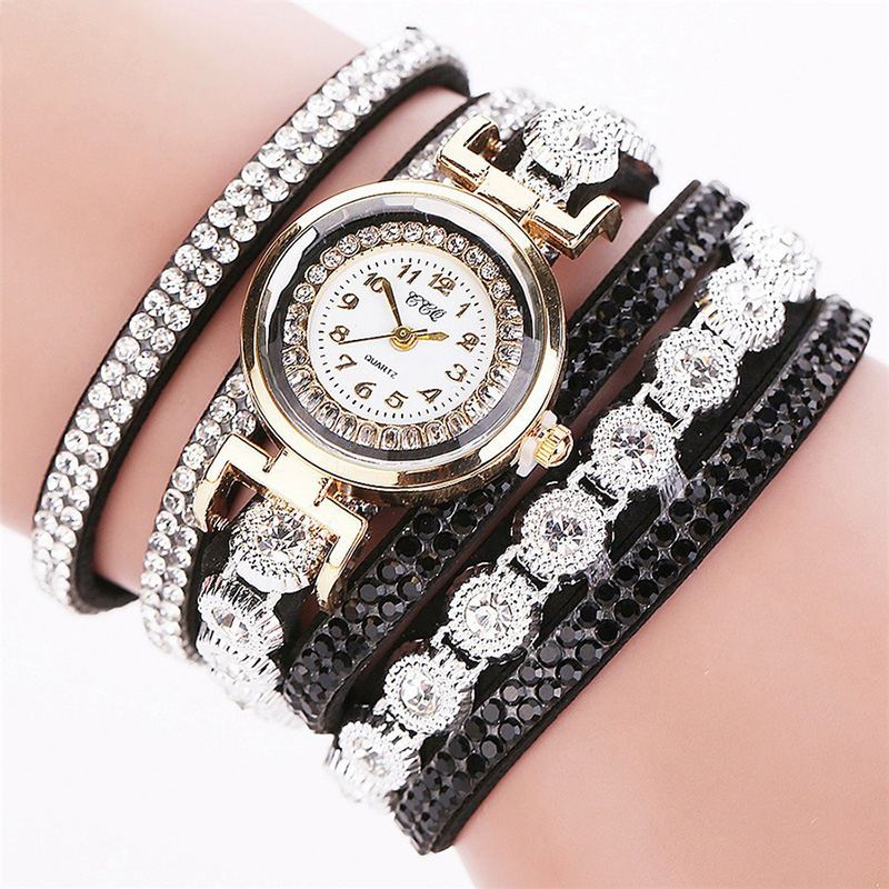 Mode Luksus Rhinestone Pu Læder Band Kvinder Quartz Armbånd Ur