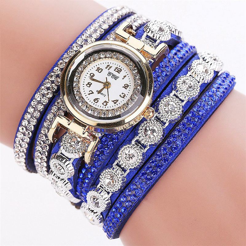 Mode Luksus Rhinestone Pu Læder Band Kvinder Quartz Armbånd Ur