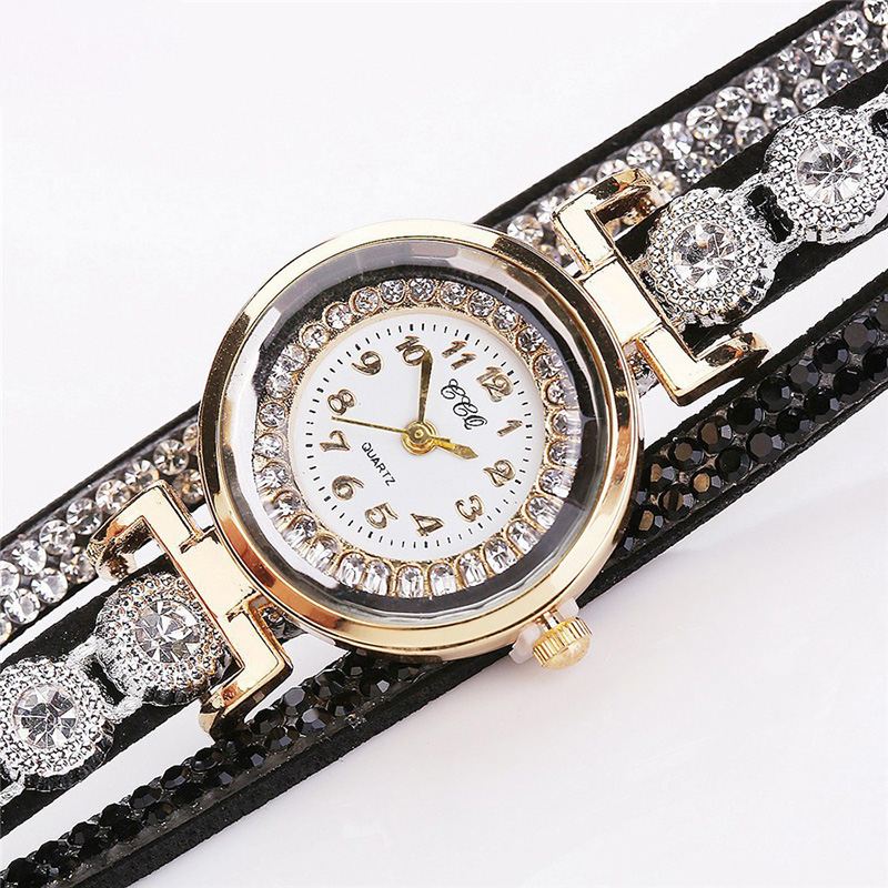 Mode Luksus Rhinestone Pu Læder Band Kvinder Quartz Armbånd Ur