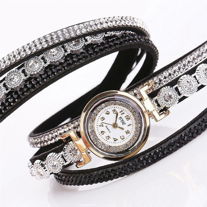 Mode Luksus Rhinestone Pu Læder Band Kvinder Quartz Armbånd Ur